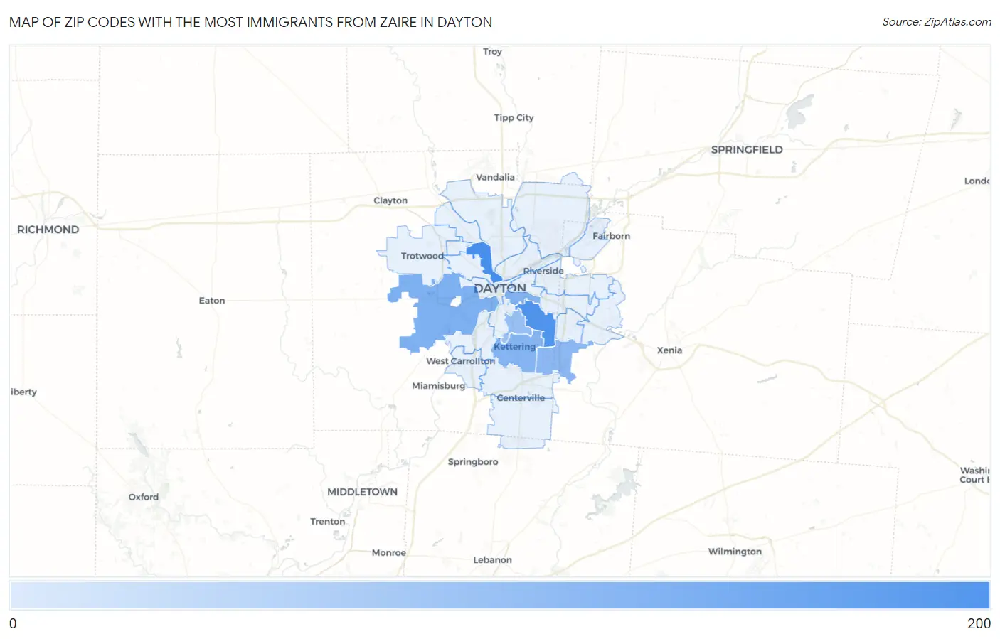 Zip Codes with the Most Immigrants from Zaire in Dayton Map
