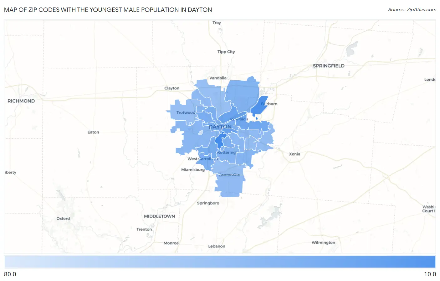 Zip Codes with the Youngest Male Population in Dayton Map