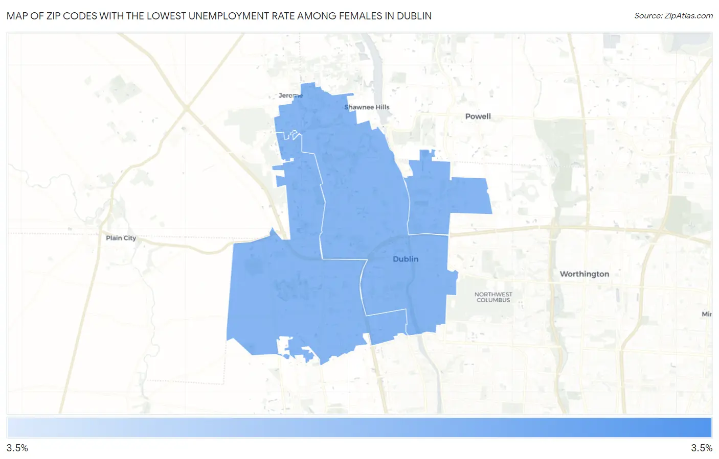 Zip Codes with the Lowest Unemployment Rate Among Females in Dublin Map