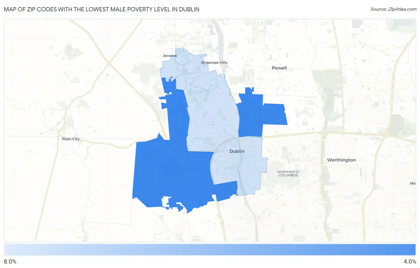 Zip Codes with the Lowest Male Poverty Level in Dublin Map
