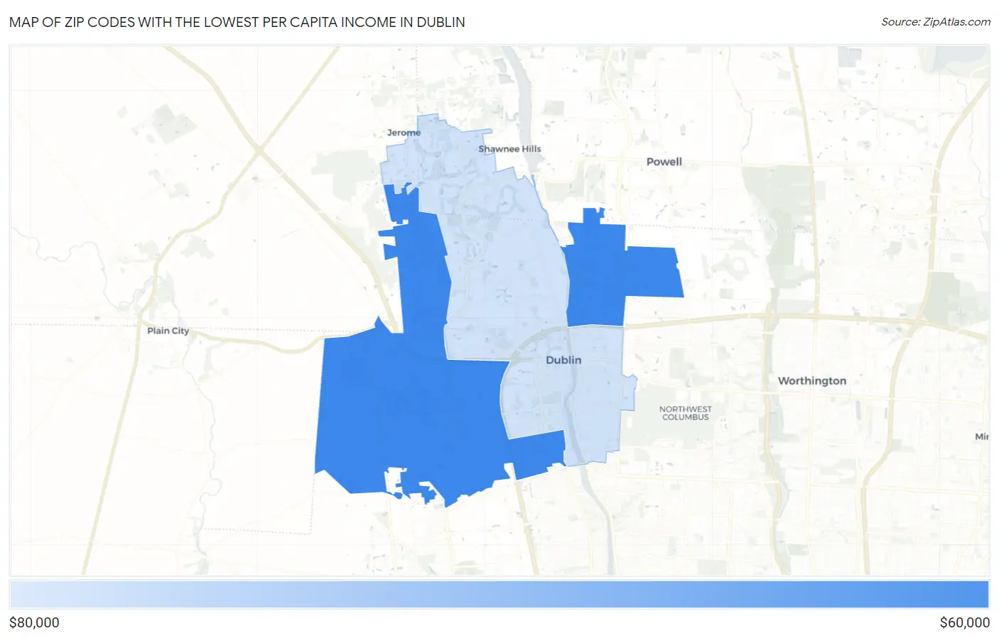 Zip Codes with the Lowest Per Capita Income in Dublin Map