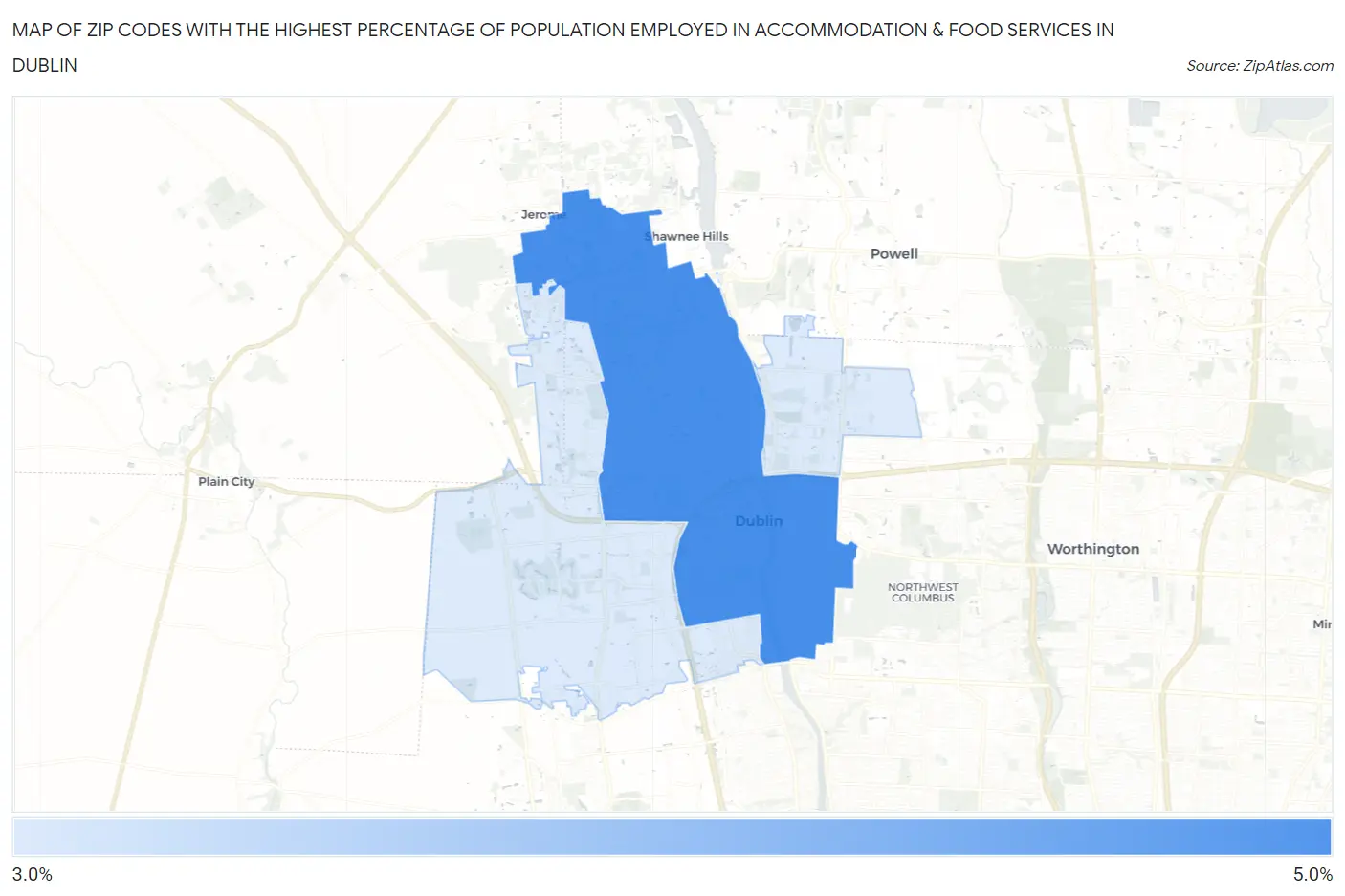 Zip Codes with the Highest Percentage of Population Employed in Accommodation & Food Services in Dublin Map