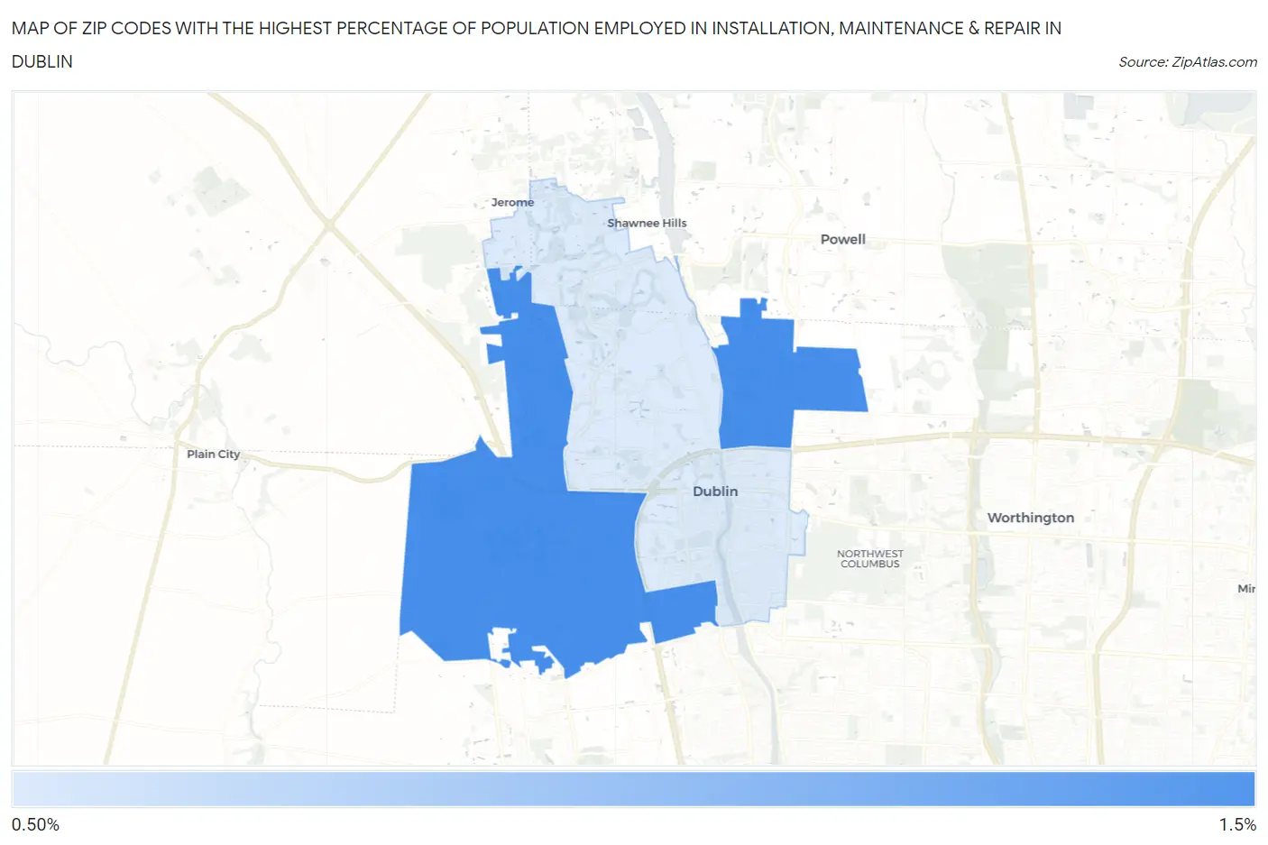 Zip Codes with the Highest Percentage of Population Employed in Installation, Maintenance & Repair in Dublin Map