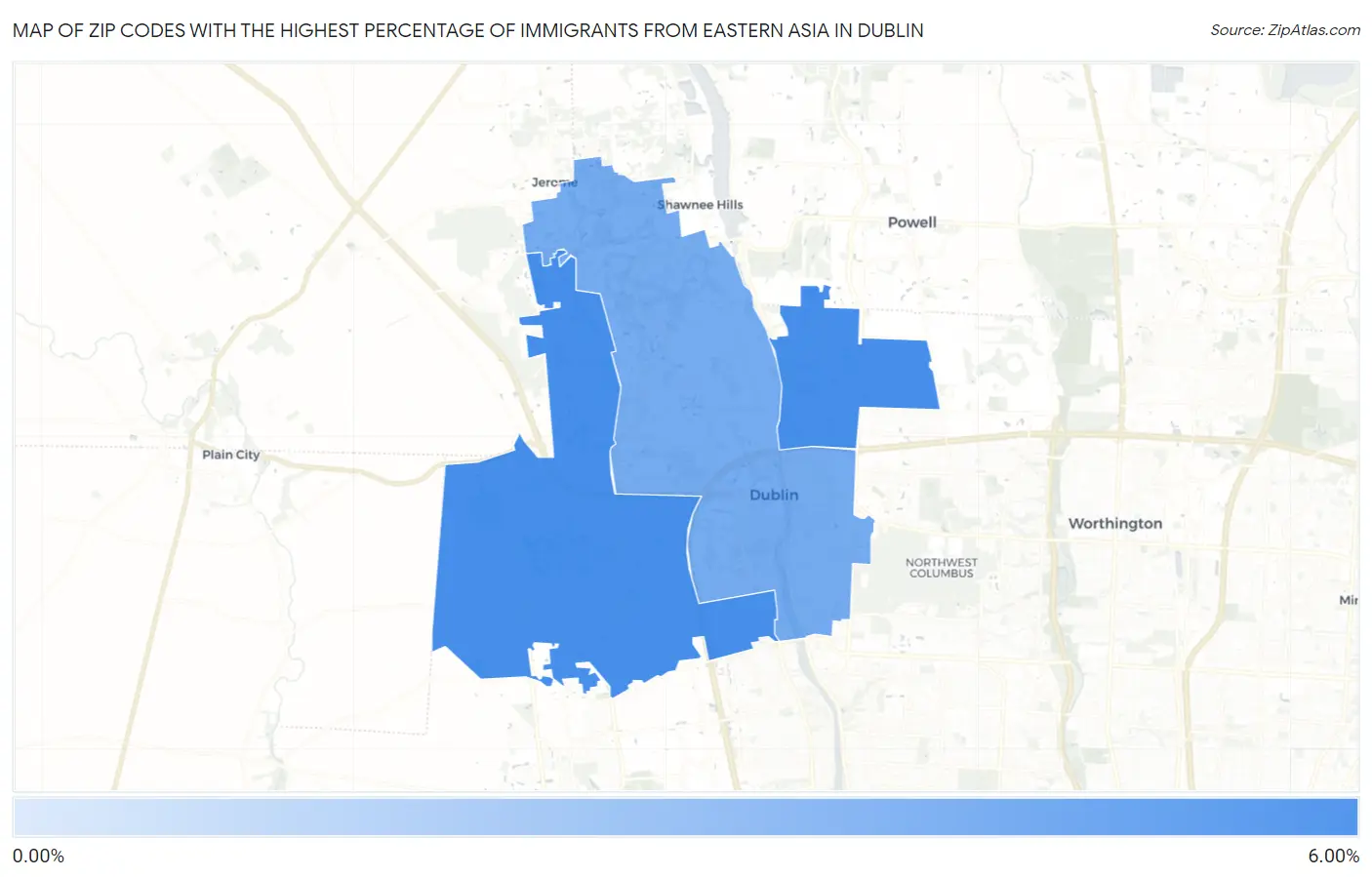 Zip Codes with the Highest Percentage of Immigrants from Eastern Asia in Dublin Map
