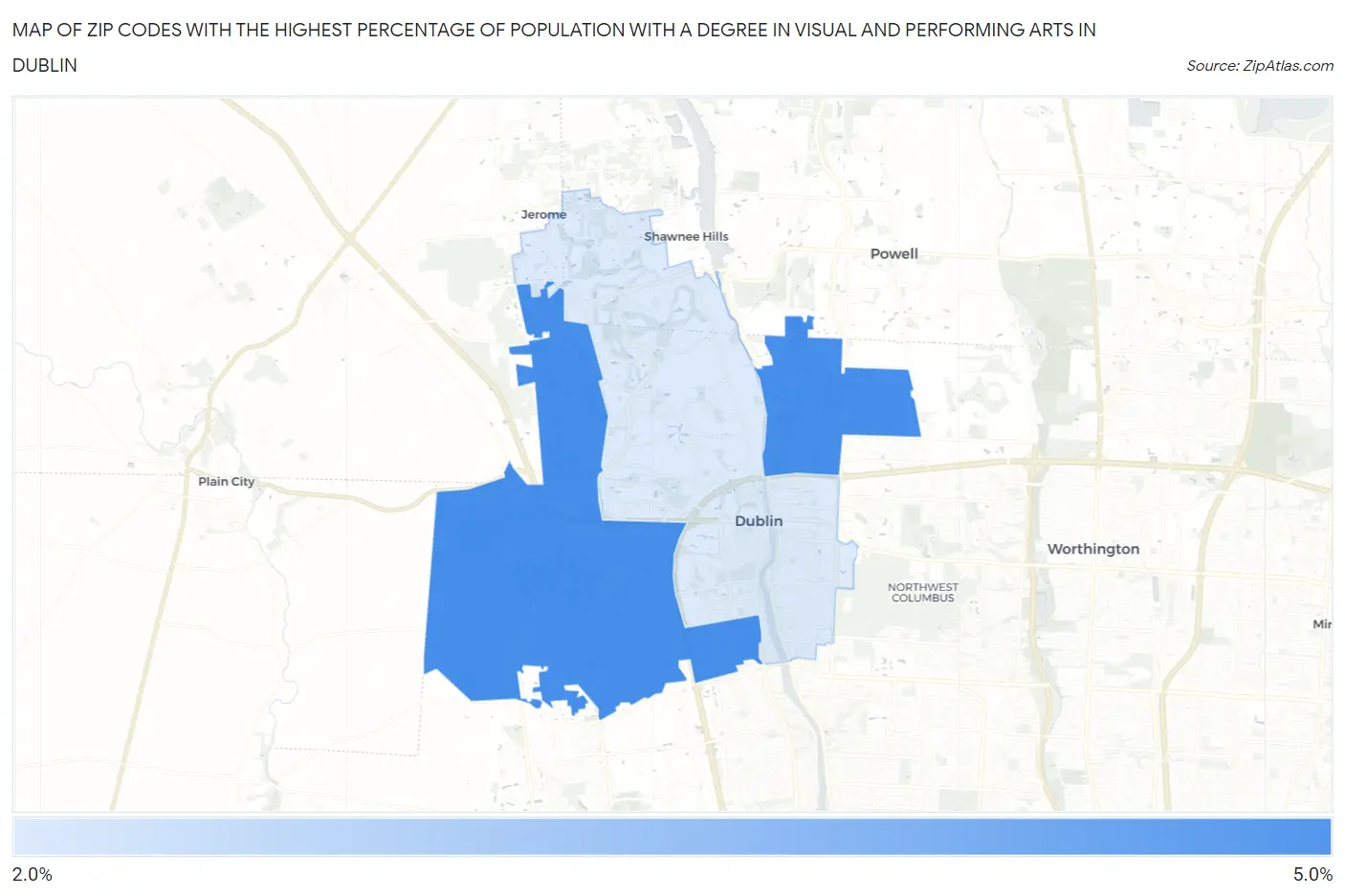 Zip Codes with the Highest Percentage of Population with a Degree in Visual and Performing Arts in Dublin Map