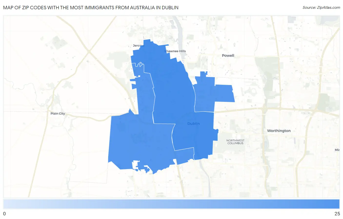 Zip Codes with the Most Immigrants from Australia in Dublin Map
