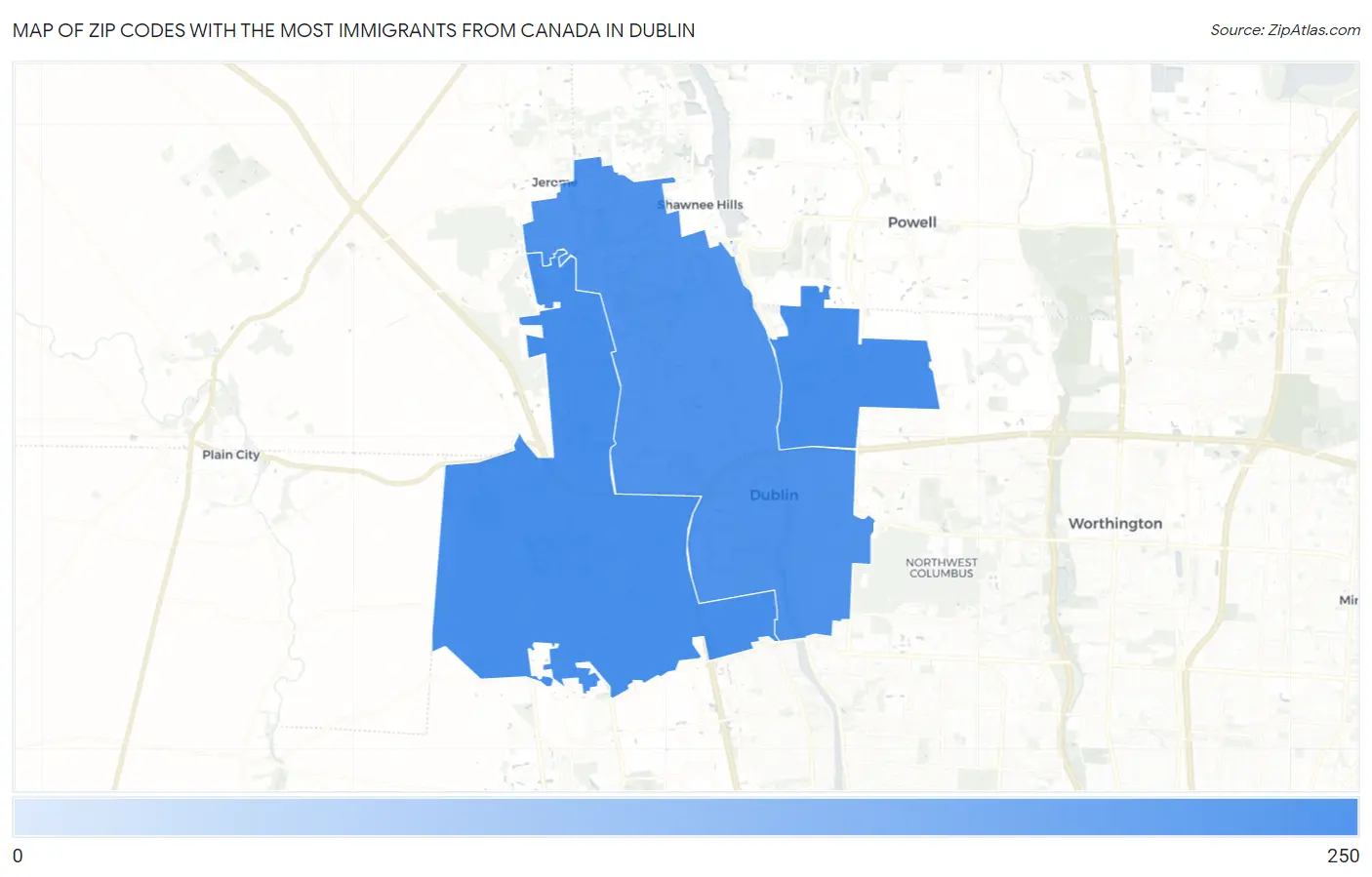 Zip Codes with the Most Immigrants from Canada in Dublin Map