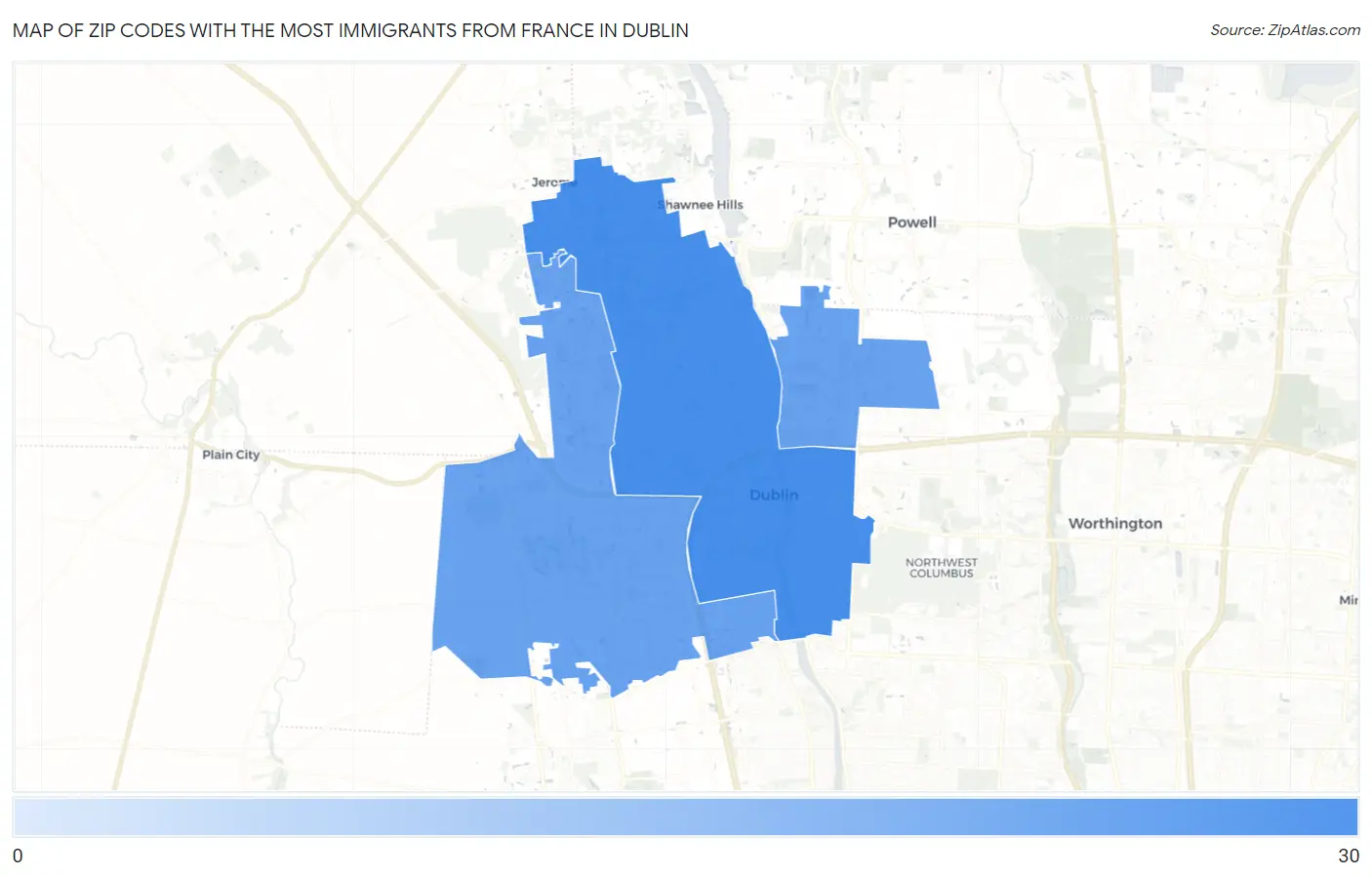 Zip Codes with the Most Immigrants from France in Dublin Map