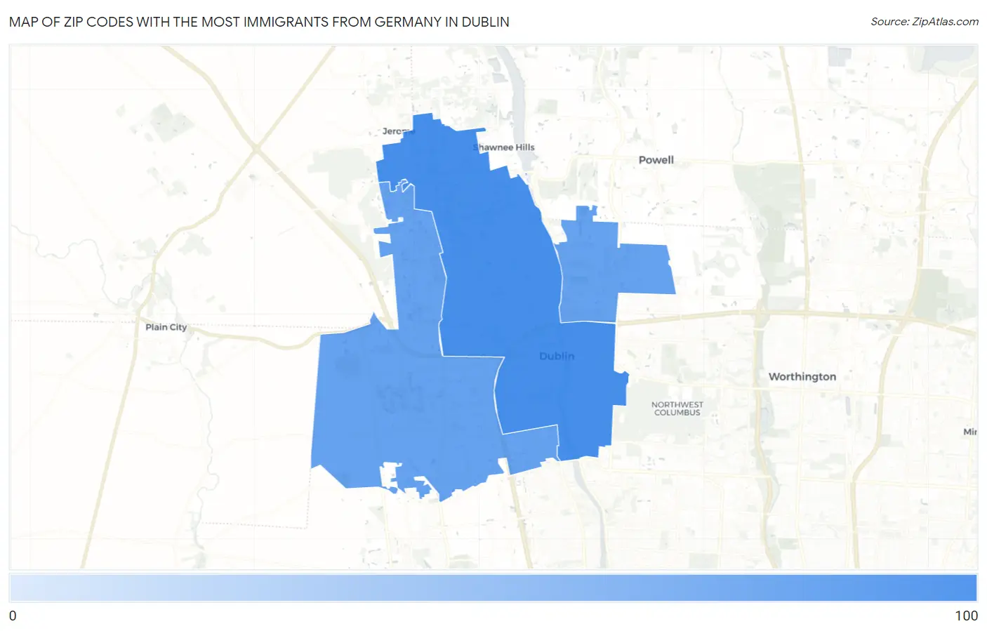 Zip Codes with the Most Immigrants from Germany in Dublin Map