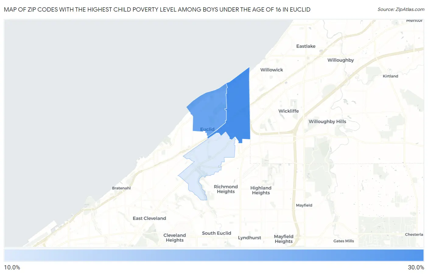 Zip Codes with the Highest Child Poverty Level Among Boys Under the Age of 16 in Euclid Map