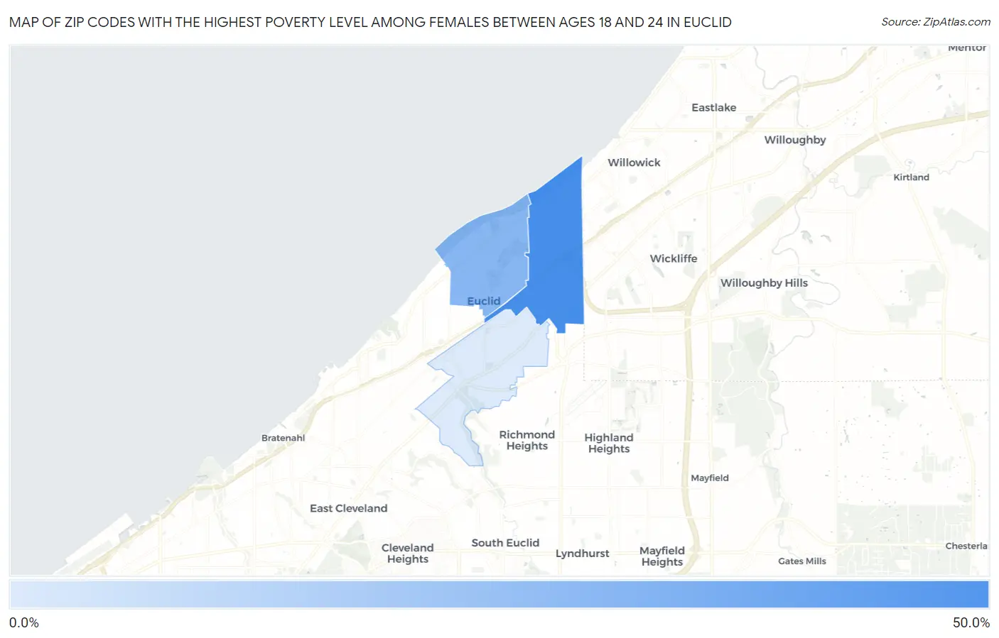 Zip Codes with the Highest Poverty Level Among Females Between Ages 18 and 24 in Euclid Map