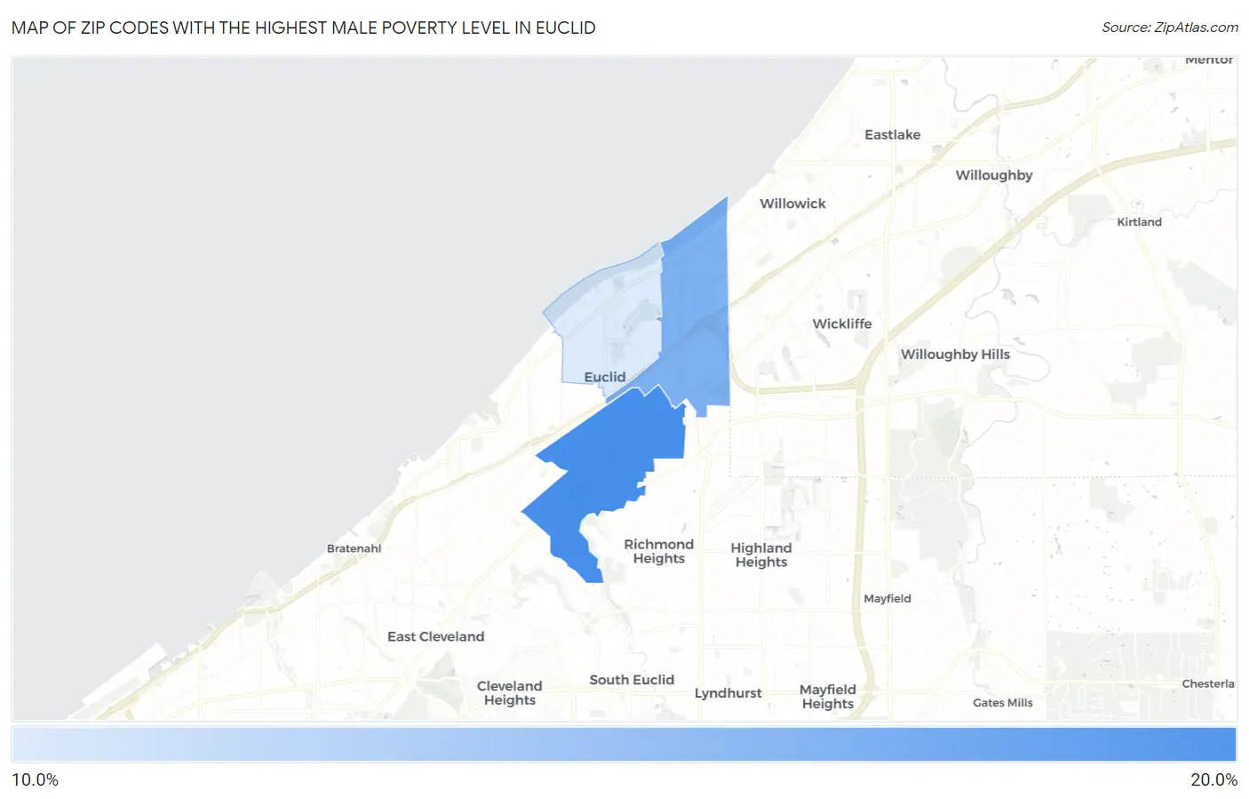 Zip Codes with the Highest Male Poverty Level in Euclid Map