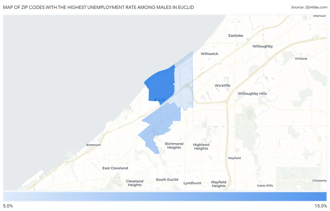 Zip Codes with the Highest Unemployment Rate Among Males in Euclid Map