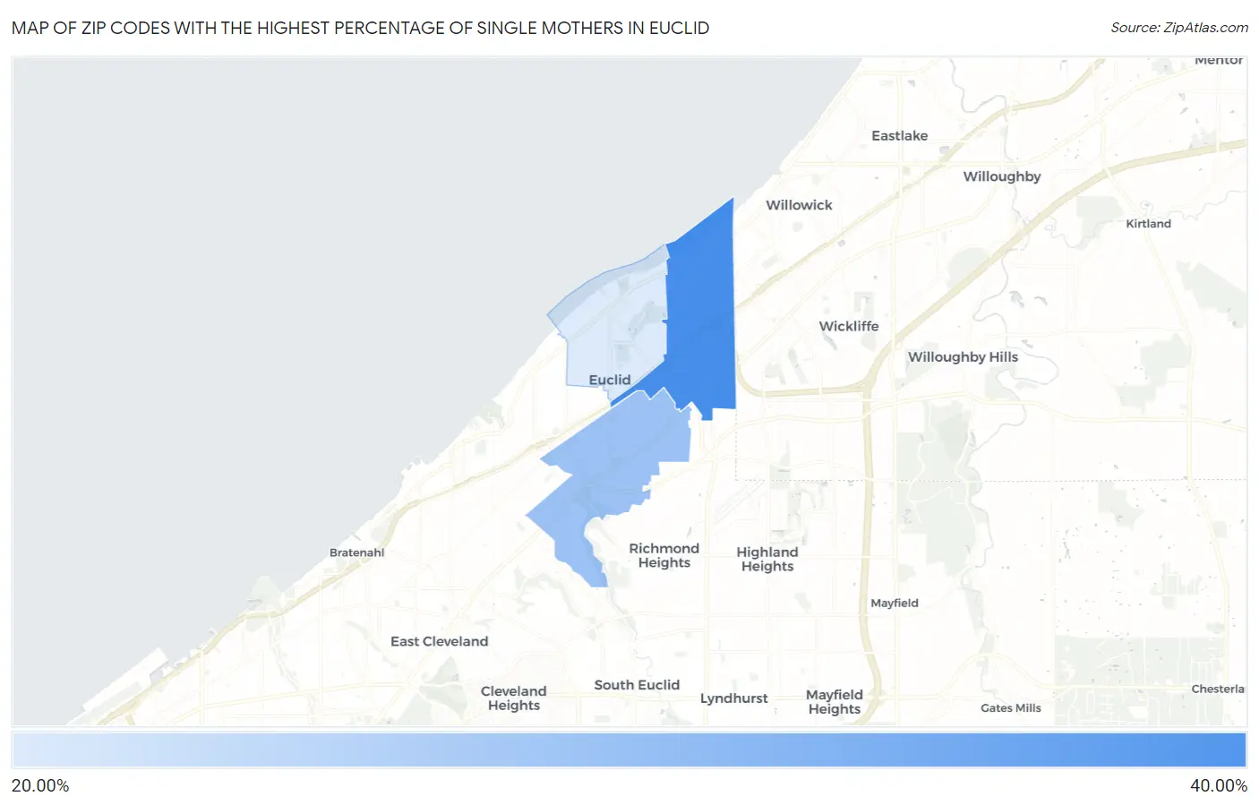 Zip Codes with the Highest Percentage of Single Mothers in Euclid Map
