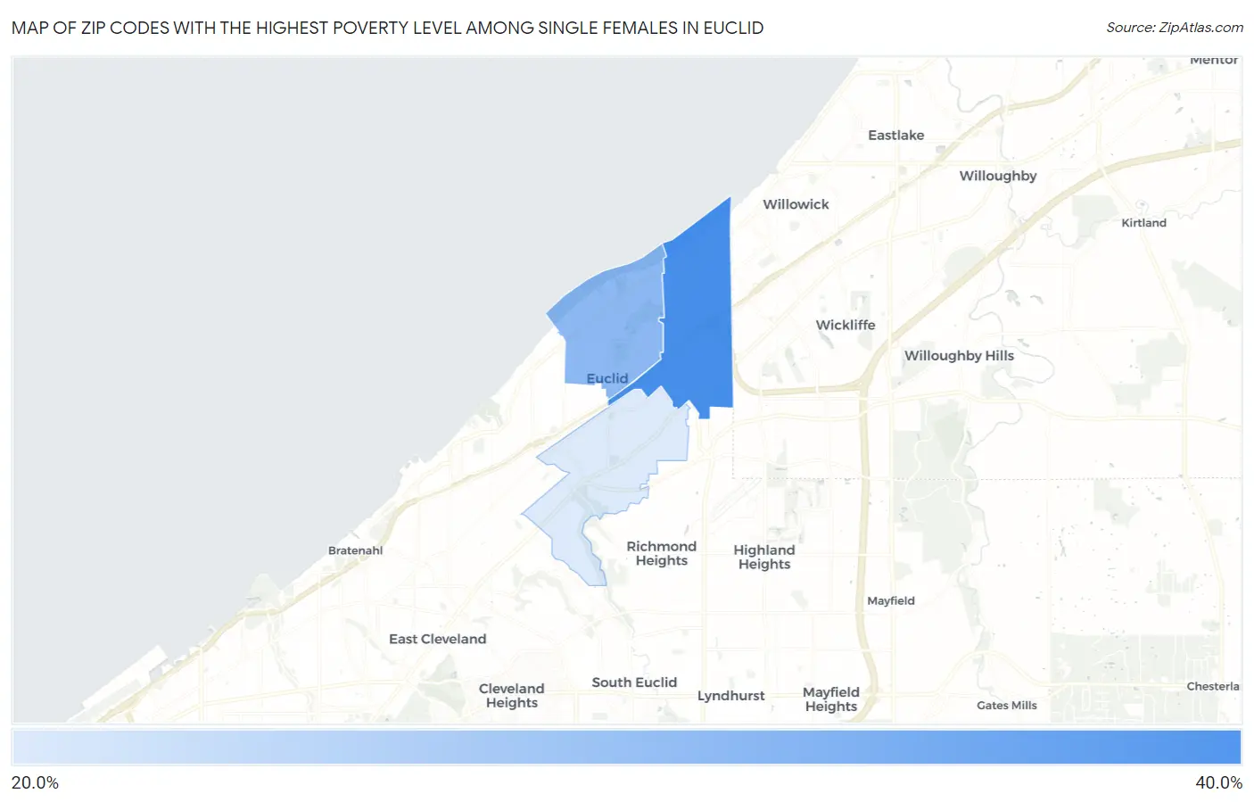 Zip Codes with the Highest Poverty Level Among Single Females in Euclid Map