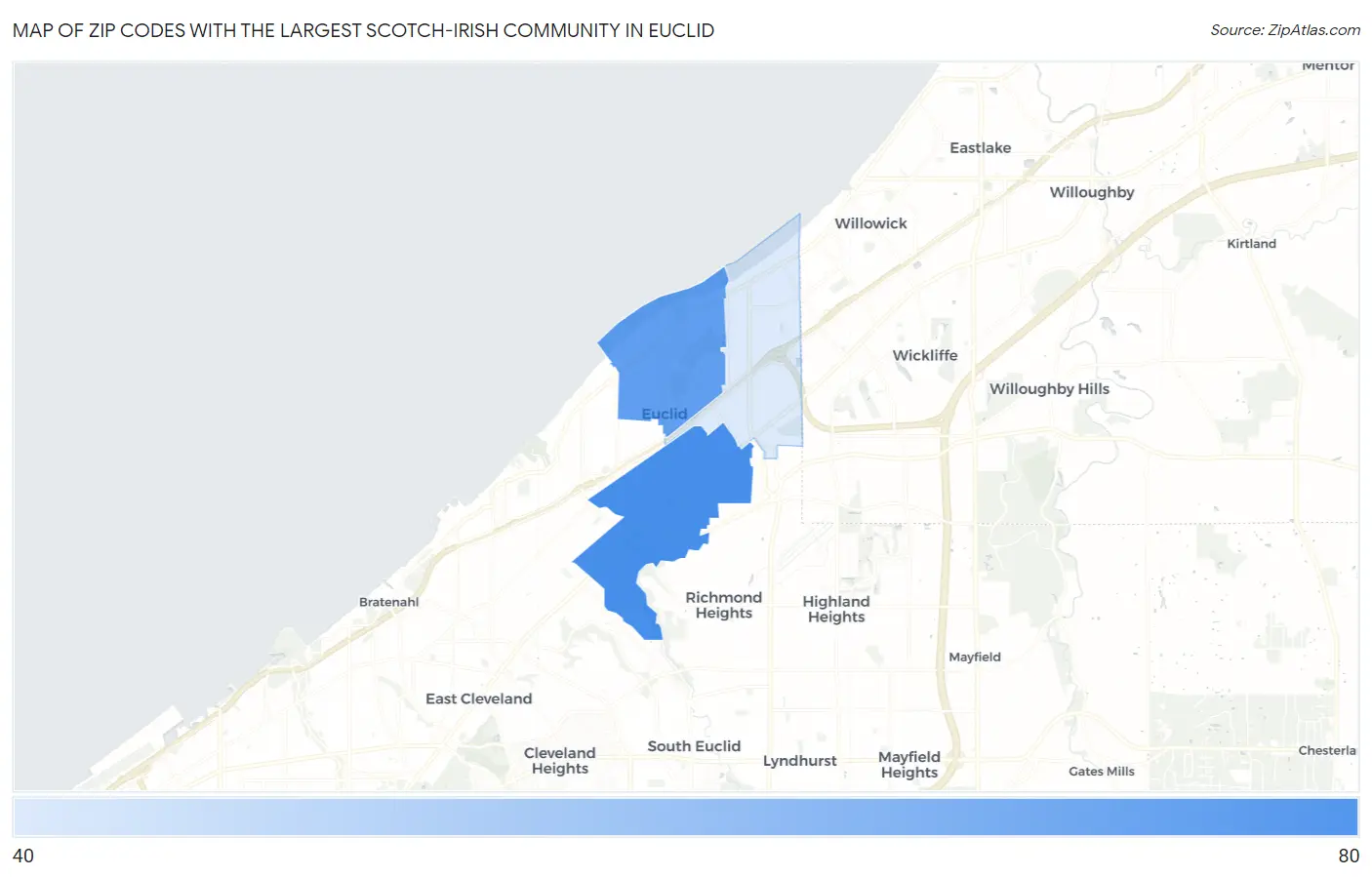 Zip Codes with the Largest Scotch-Irish Community in Euclid Map