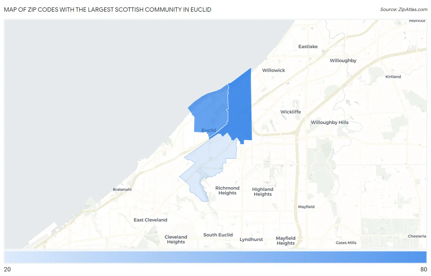 Zip Codes with the Largest Scottish Community in Euclid Map