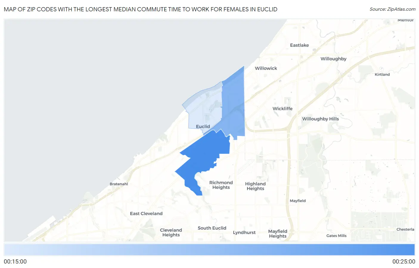 Zip Codes with the Longest Median Commute Time to Work for Females in Euclid Map