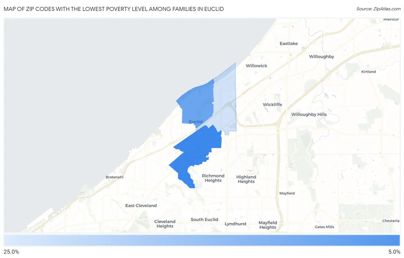 Zip Codes with the Lowest Poverty Level Among Families in Euclid Map