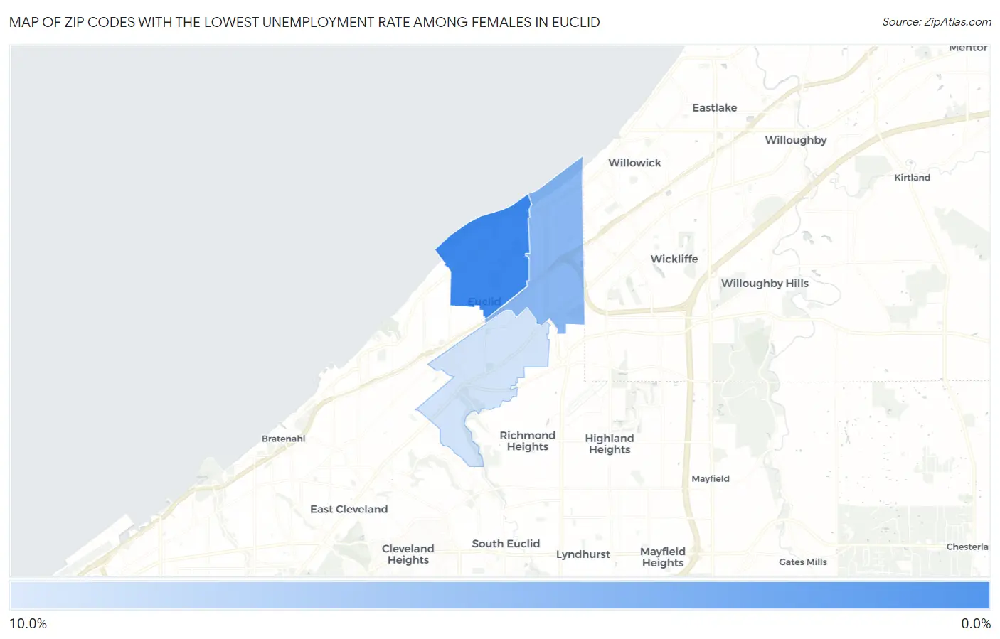 Zip Codes with the Lowest Unemployment Rate Among Females in Euclid Map