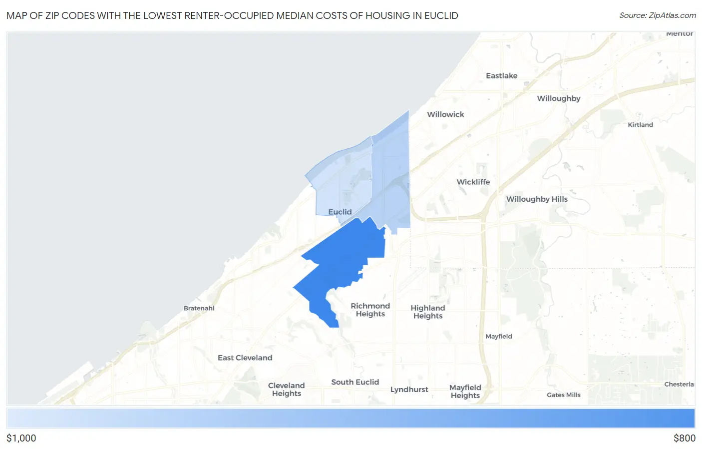 Zip Codes with the Lowest Renter-Occupied Median Costs of Housing in Euclid Map