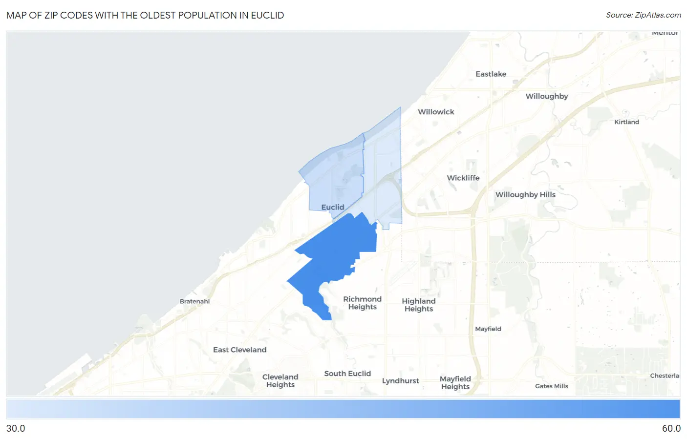 Zip Codes with the Oldest Population in Euclid Map