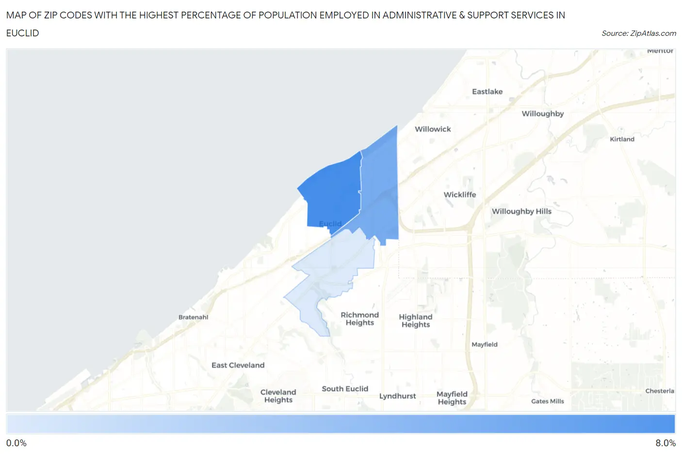 Zip Codes with the Highest Percentage of Population Employed in Administrative & Support Services in Euclid Map