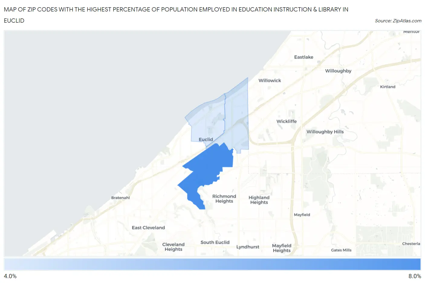 Zip Codes with the Highest Percentage of Population Employed in Education Instruction & Library in Euclid Map