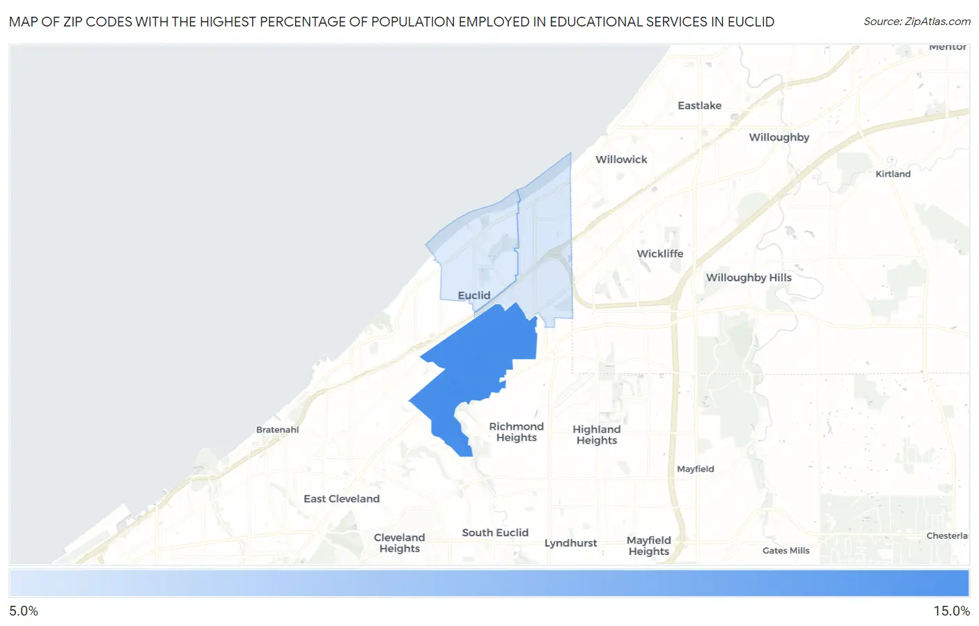 Zip Codes with the Highest Percentage of Population Employed in Educational Services in Euclid Map