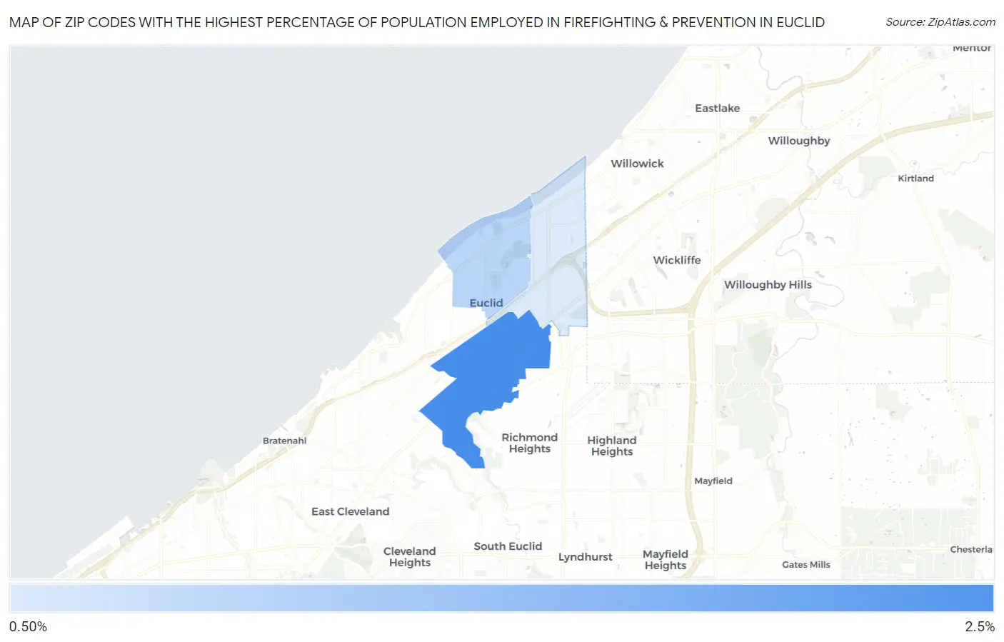 Zip Codes with the Highest Percentage of Population Employed in Firefighting & Prevention in Euclid Map