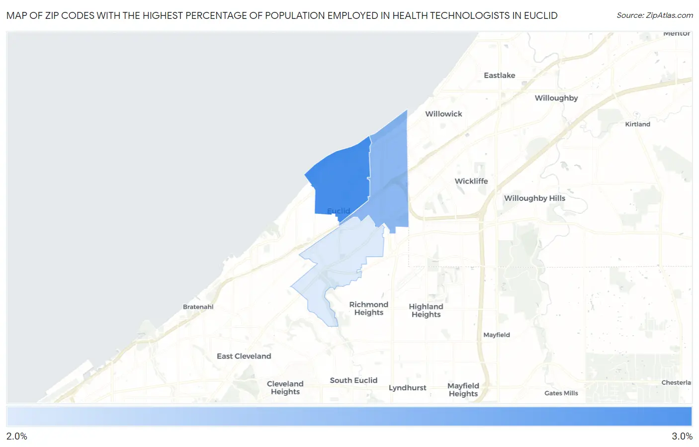 Zip Codes with the Highest Percentage of Population Employed in Health Technologists in Euclid Map