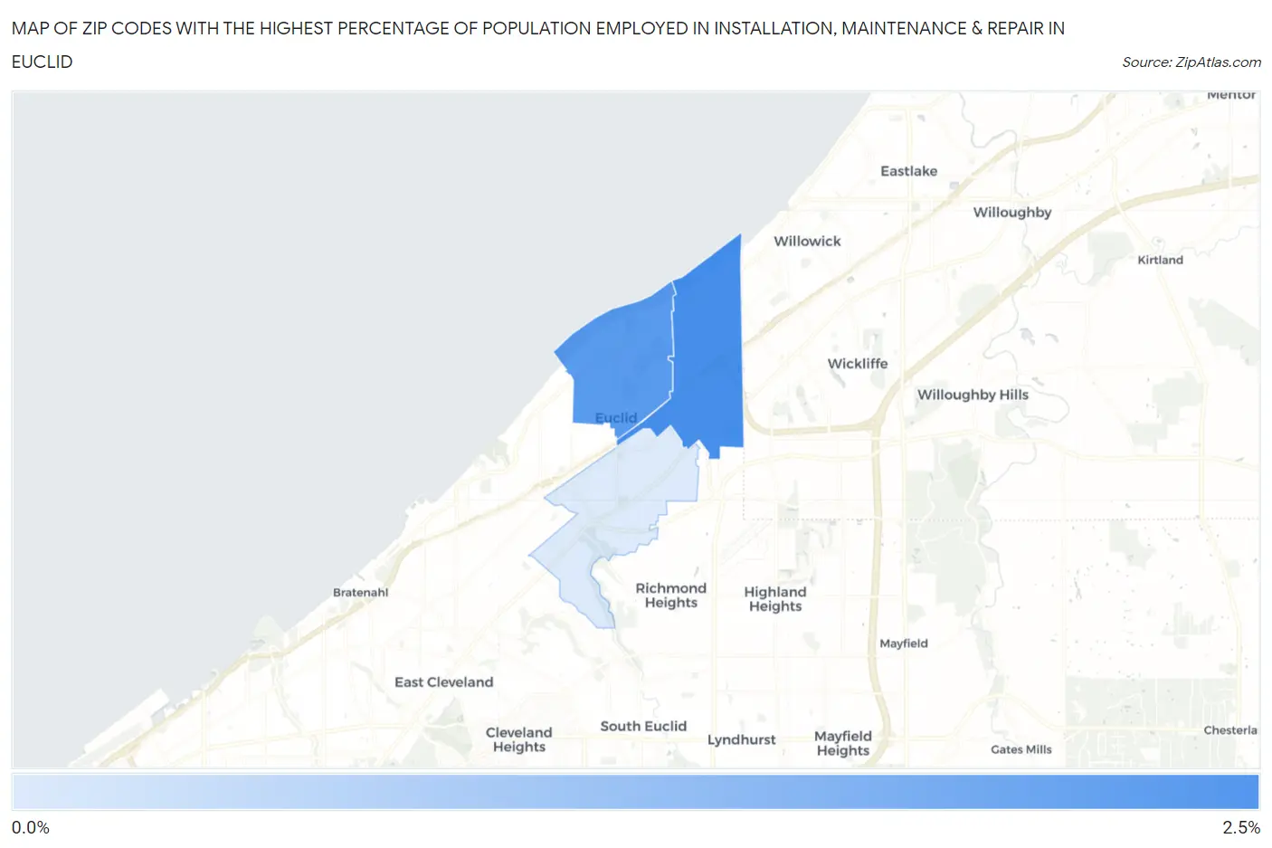 Zip Codes with the Highest Percentage of Population Employed in Installation, Maintenance & Repair in Euclid Map