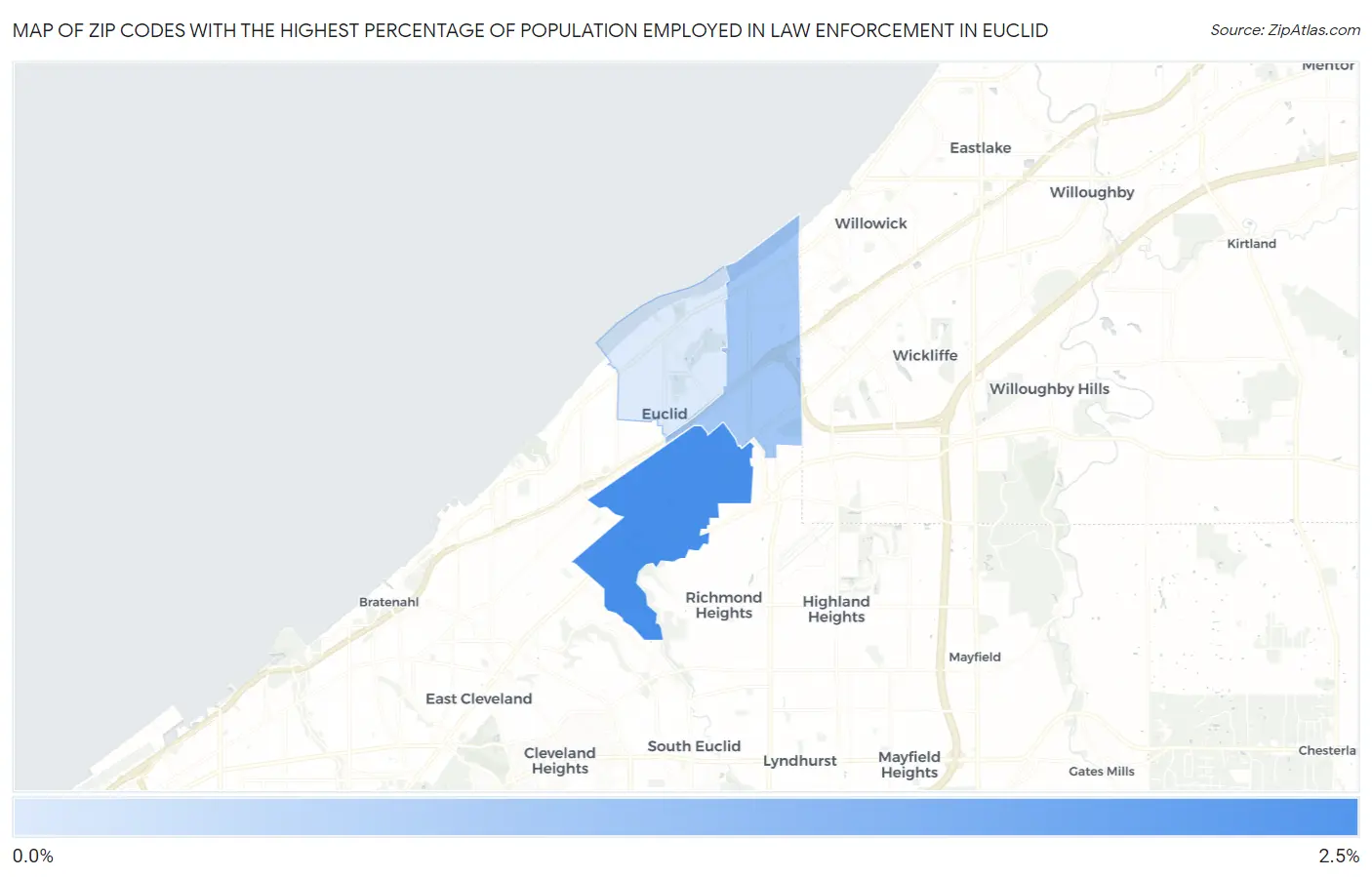 Zip Codes with the Highest Percentage of Population Employed in Law Enforcement in Euclid Map