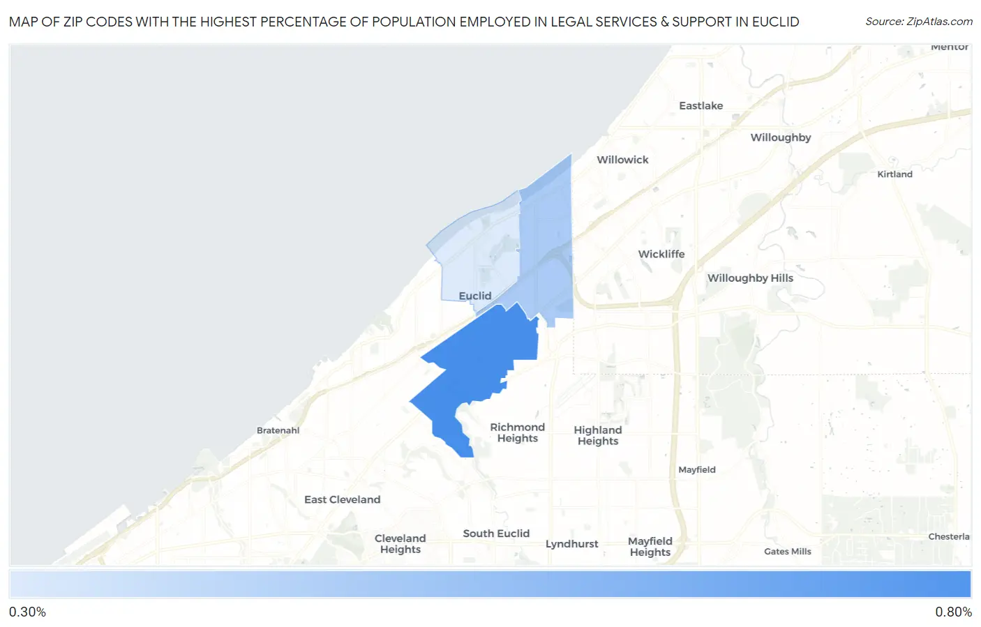 Zip Codes with the Highest Percentage of Population Employed in Legal Services & Support in Euclid Map