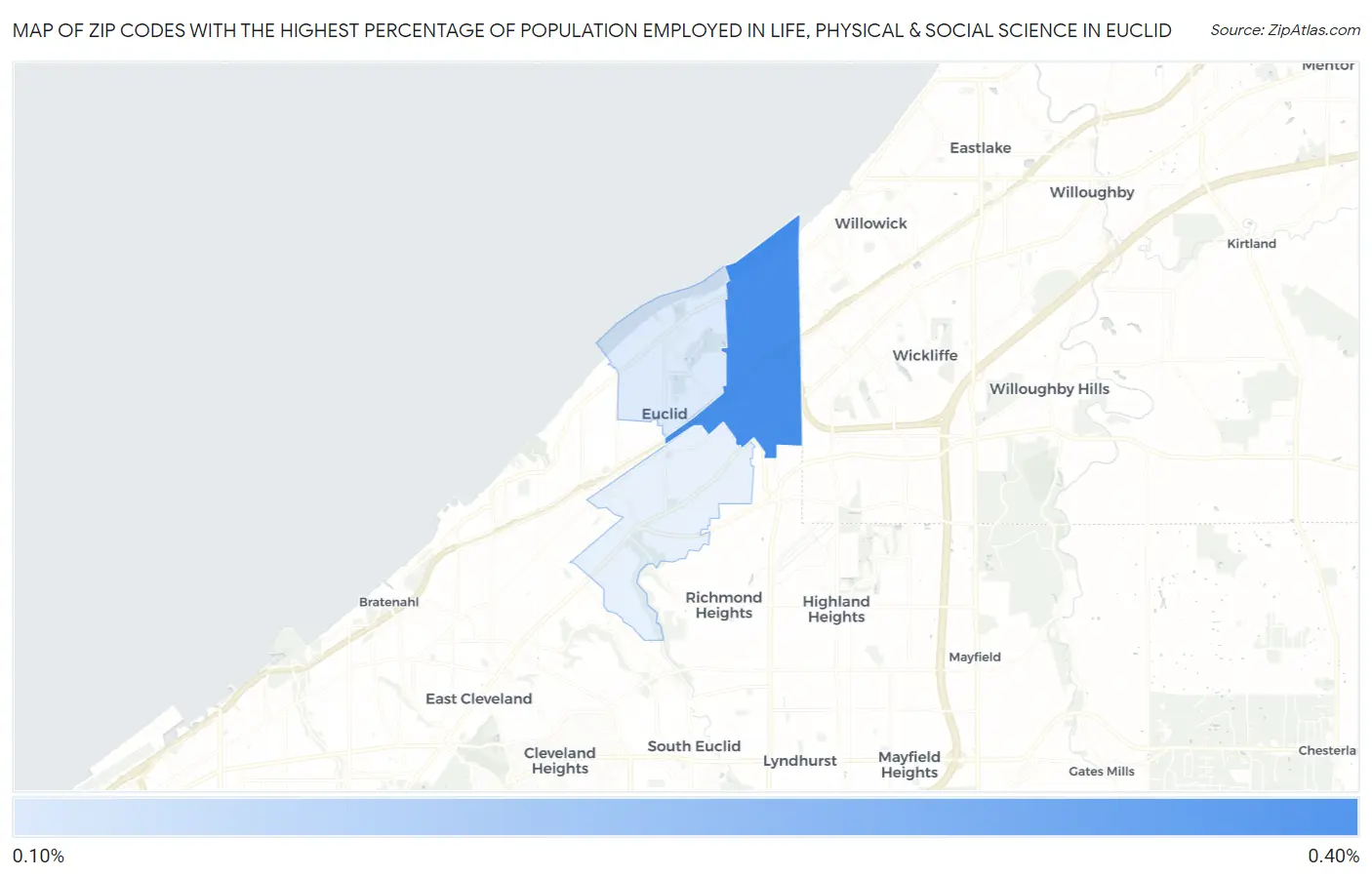 Zip Codes with the Highest Percentage of Population Employed in Life, Physical & Social Science in Euclid Map