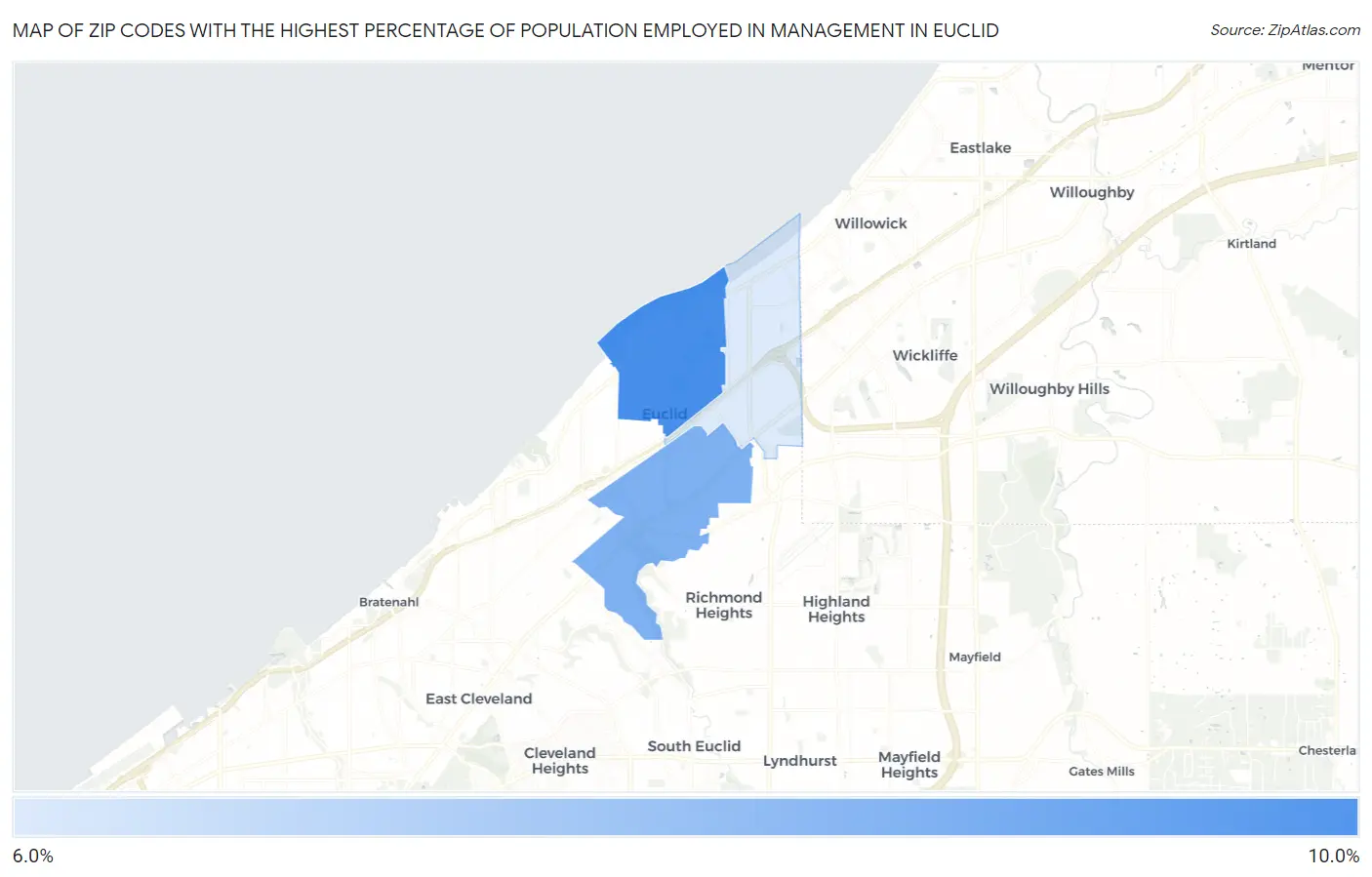 Zip Codes with the Highest Percentage of Population Employed in Management in Euclid Map