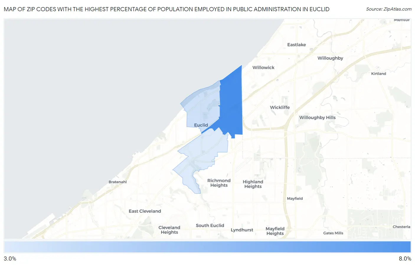 Zip Codes with the Highest Percentage of Population Employed in Public Administration in Euclid Map