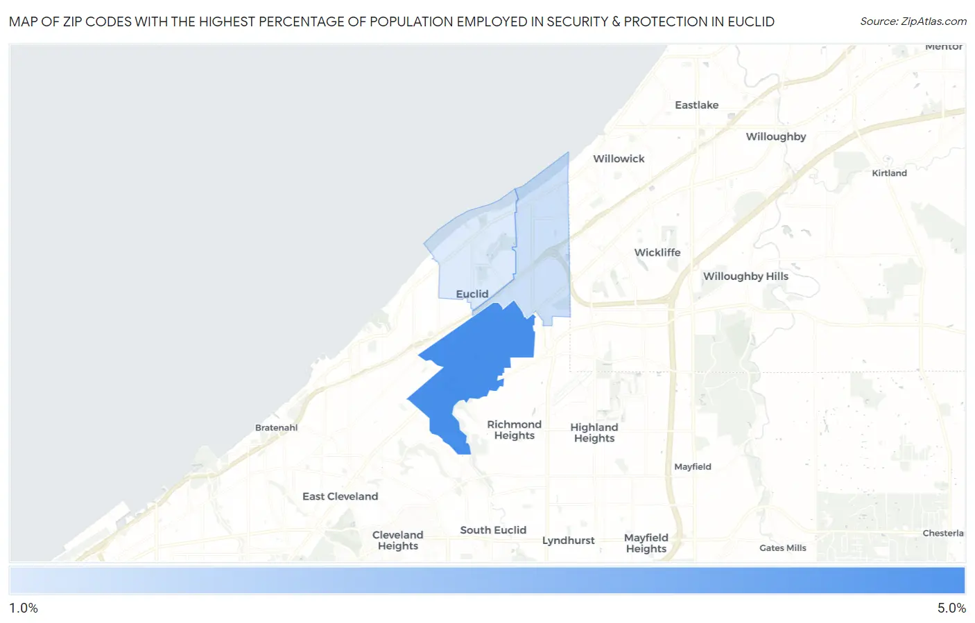 Zip Codes with the Highest Percentage of Population Employed in Security & Protection in Euclid Map