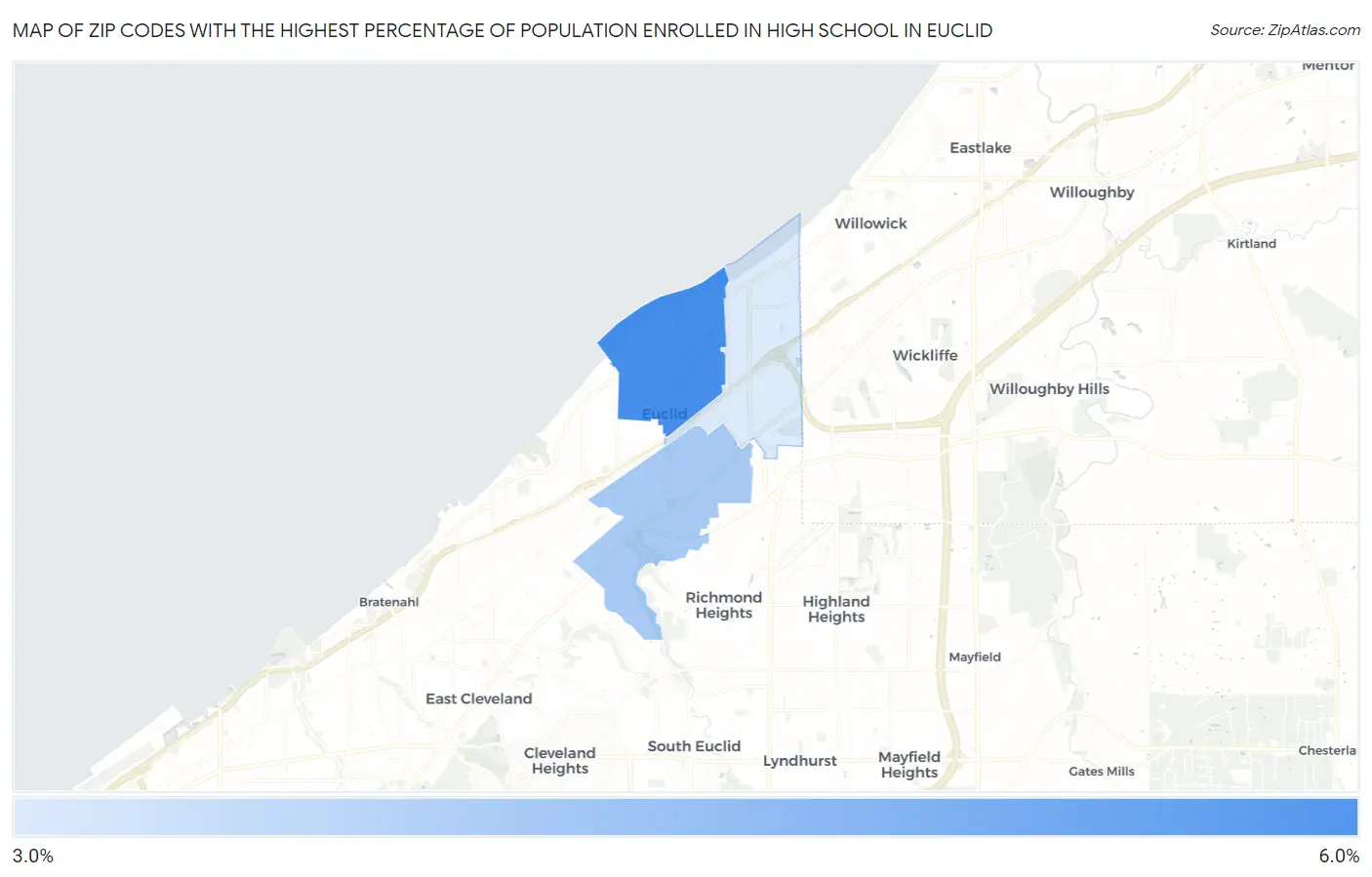 Zip Codes with the Highest Percentage of Population Enrolled in High School in Euclid Map