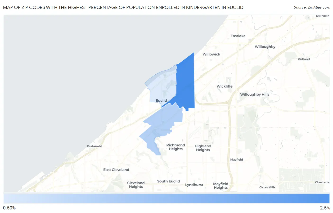Zip Codes with the Highest Percentage of Population Enrolled in Kindergarten in Euclid Map