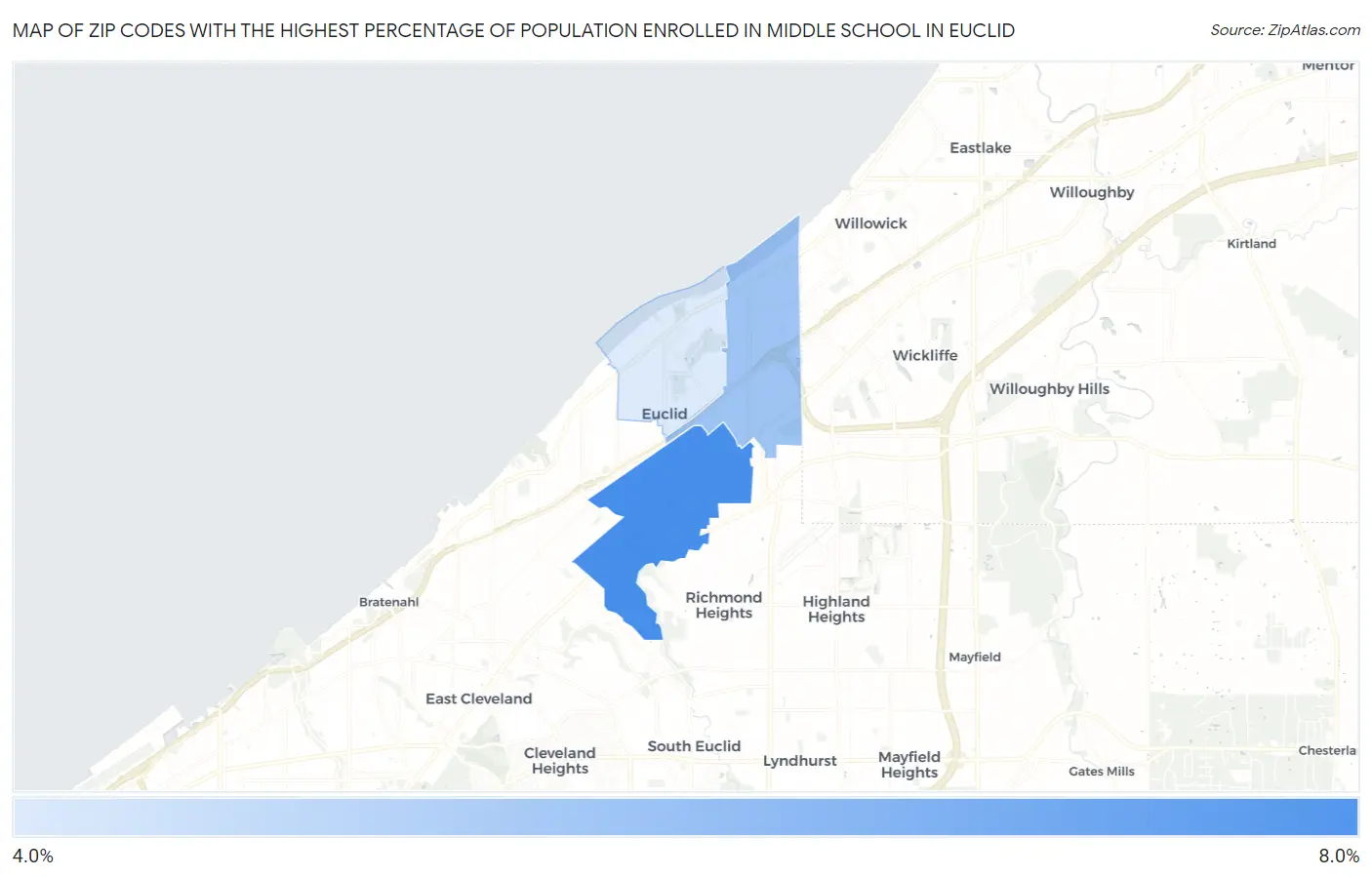 Zip Codes with the Highest Percentage of Population Enrolled in Middle School in Euclid Map