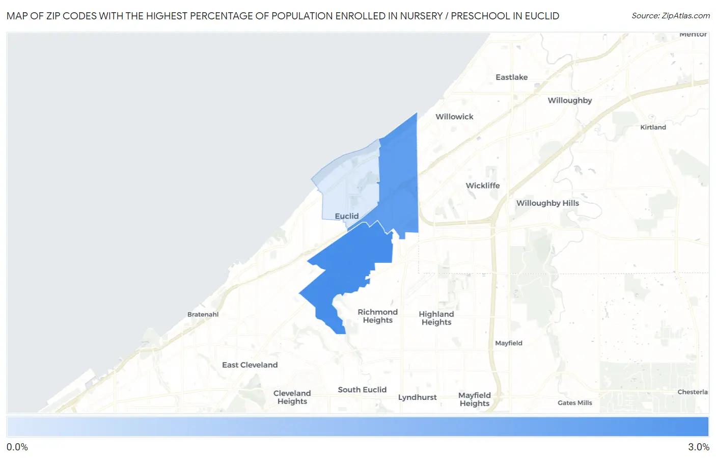Zip Codes with the Highest Percentage of Population Enrolled in Nursery / Preschool in Euclid Map