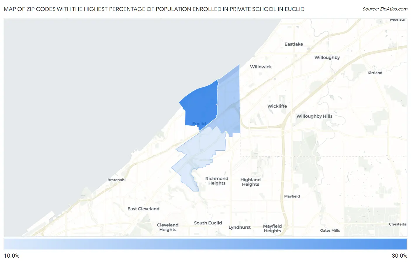 Zip Codes with the Highest Percentage of Population Enrolled in Private School in Euclid Map