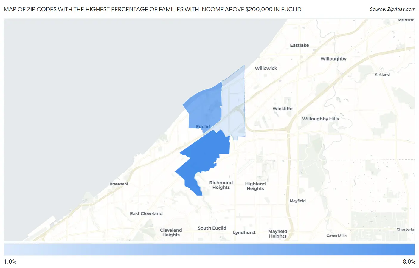 Zip Codes with the Highest Percentage of Families with Income Above $200,000 in Euclid Map
