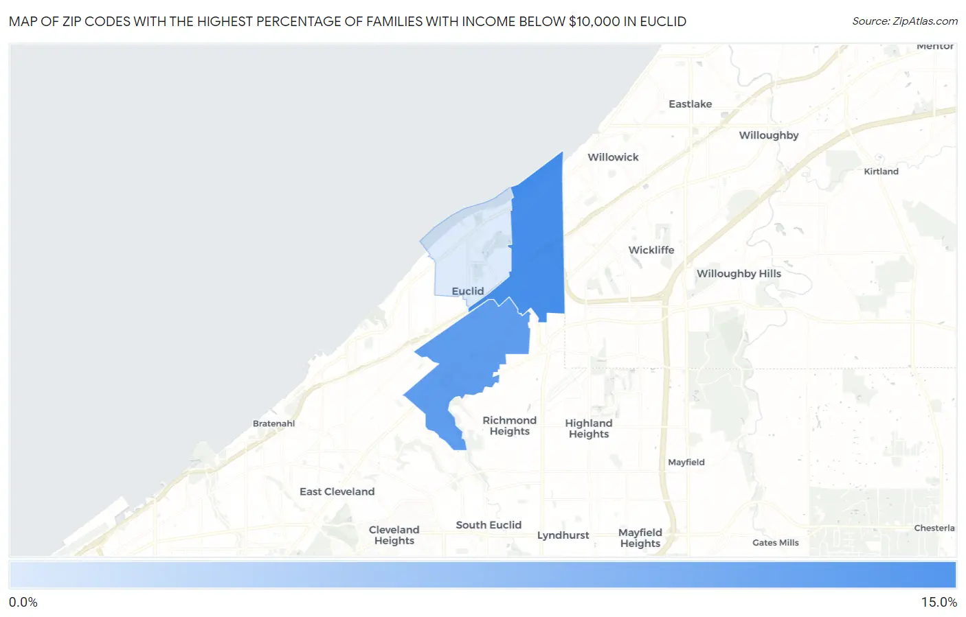 Zip Codes with the Highest Percentage of Families with Income Below $10,000 in Euclid Map