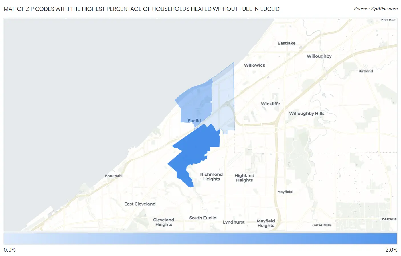 Zip Codes with the Highest Percentage of Households Heated without Fuel in Euclid Map