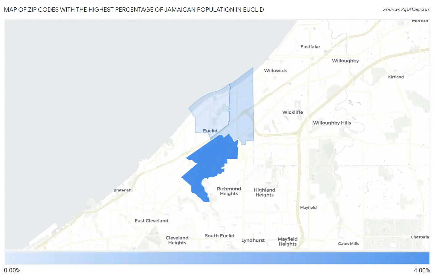 Zip Codes with the Highest Percentage of Jamaican Population in Euclid Map