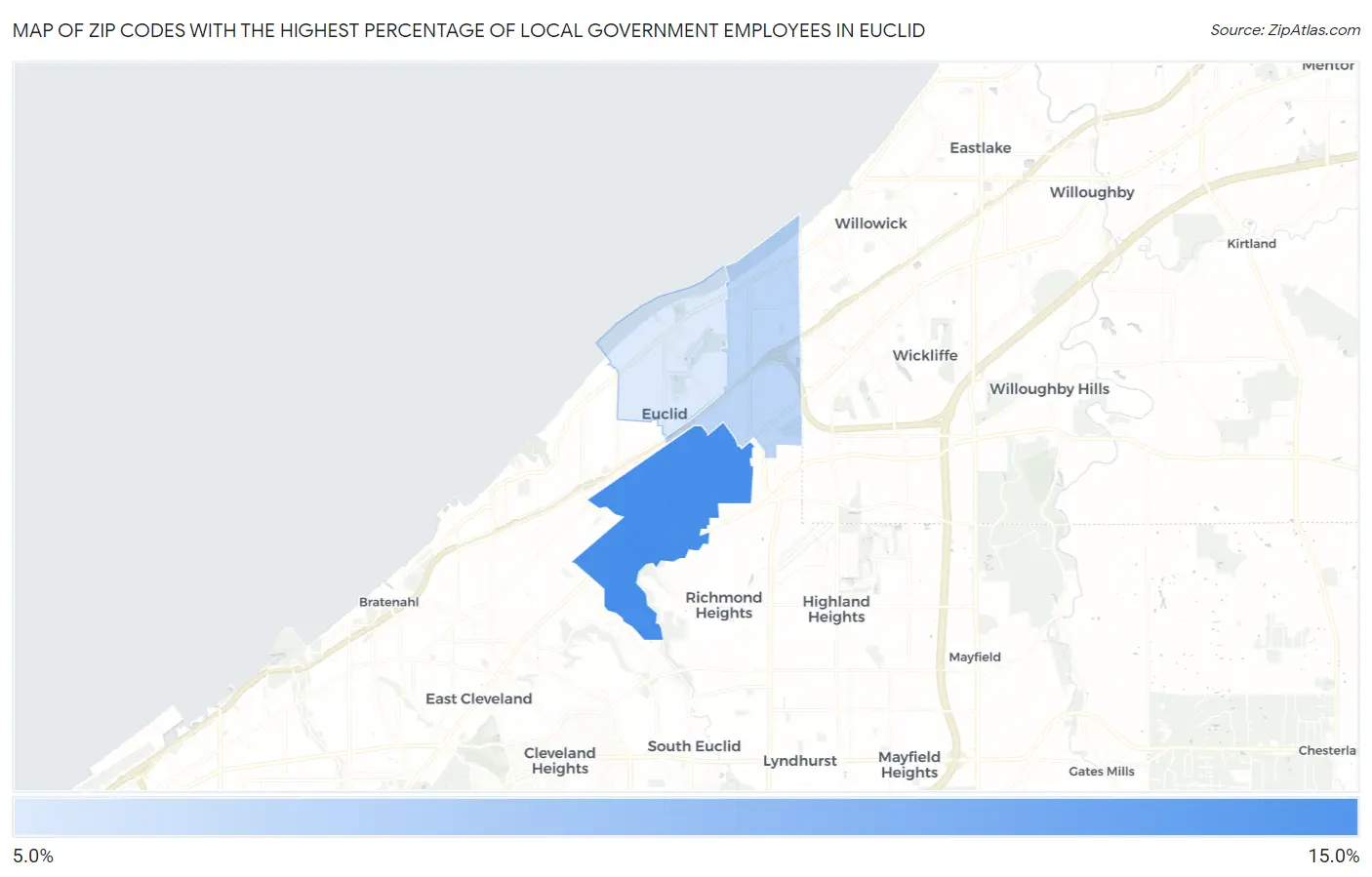 Zip Codes with the Highest Percentage of Local Government Employees in Euclid Map