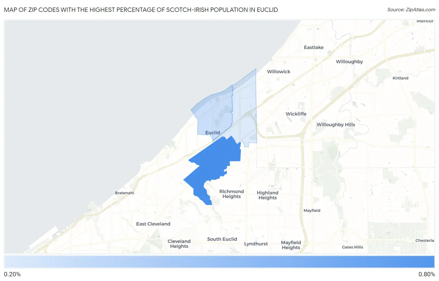 Zip Codes with the Highest Percentage of Scotch-Irish Population in Euclid Map
