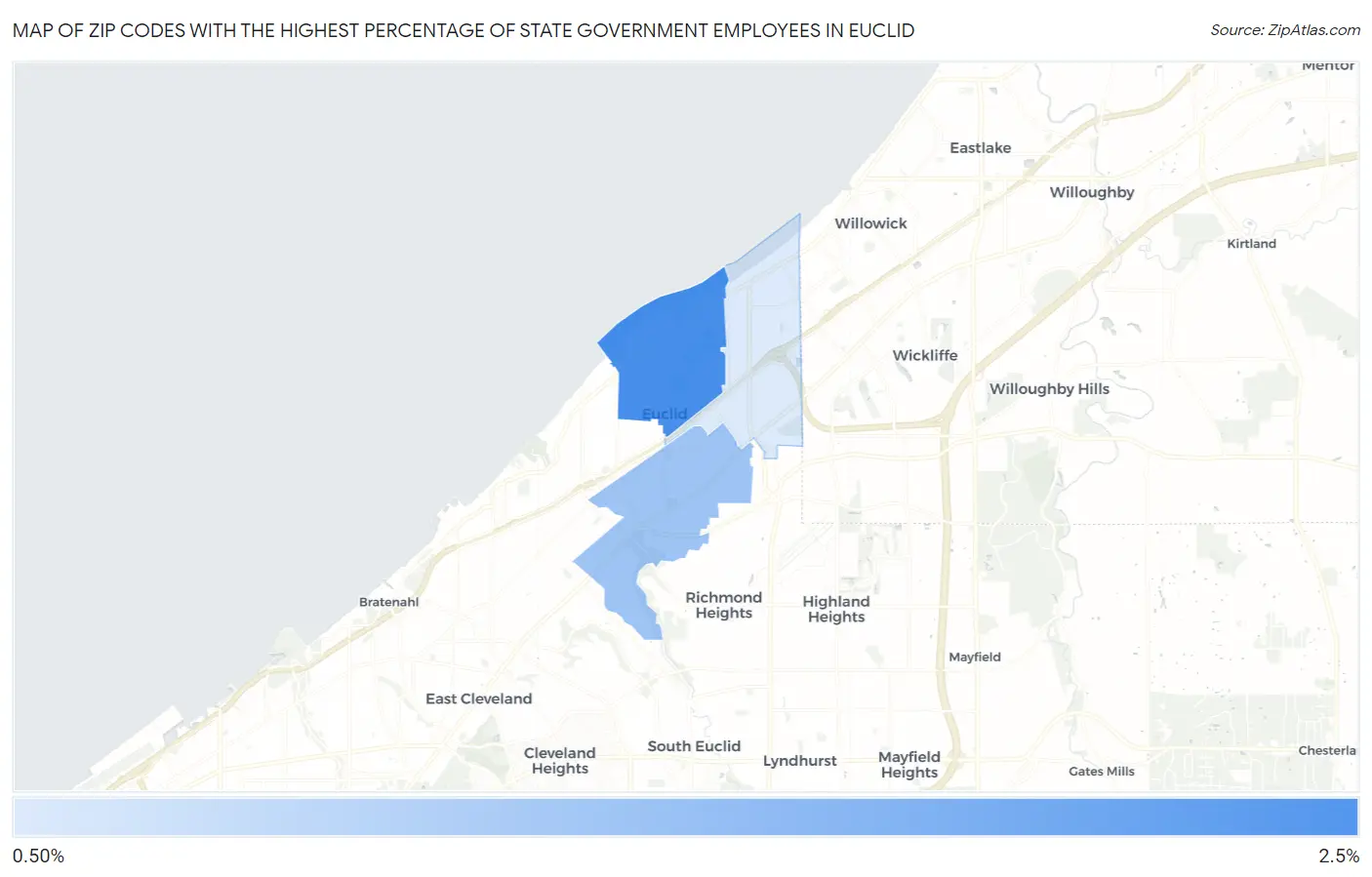 Zip Codes with the Highest Percentage of State Government Employees in Euclid Map